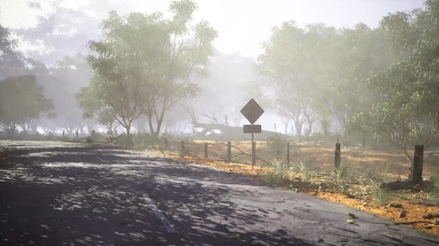 misty roadside opening into bright diffused light with trees edging lane, ethereal atmosphere and soft grain offer contemplative backdrop for editorial