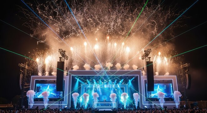 A massive outdoor stage glows under intense neon lights as pyrotechnics explode into a hazy night sky filled with beams and bright lasers, vibrant, glowing, fog