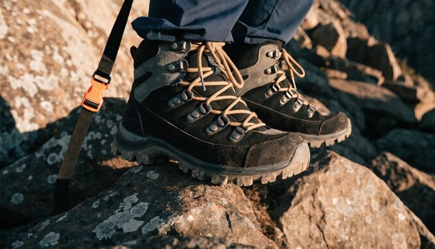 Rugged brown hiking boots with tan laces standing on sunlit rocks along a mountain trail, with a backpack strap visible, conveying outdoor adventure, travel, and durable footwear.