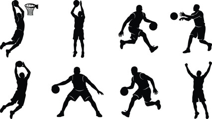 Basketball players action poses black silhouette vector collection for sports tournament tournament graphic designs © MstLata