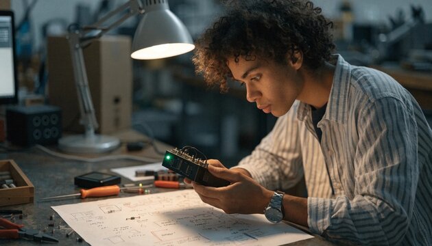 A young male engineer inspects a glowing circuit board under a desk lamp in a workshop surrounded by schematics and tools, ideal for electronics and technology innovation concepts.