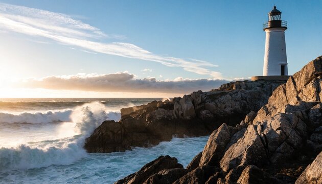 White lighthouse standing on a rugged rocky headland above powerful breaking ocean waves, illuminated by warm evening light beneath a vast blue sky along a dramatic coastline