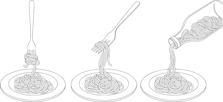 Of spaghetti being served on plates with forks and a bottle