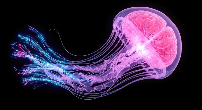 A surreal anatomical pink jellyfish with organic translucent tentacles and glowing neon, fusing sci-fi biology with abstract digital art, organic, fantasy, cosmic
