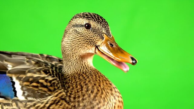 Close-up of a female mallard duck with patterned feathers looking around against a vibrant green screen backdrop