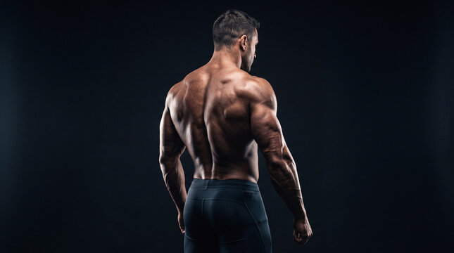 Back view of a muscular man with well-defined back muscles and strong arms posing in a dark studio setting for a fitness and bodybuilding concept