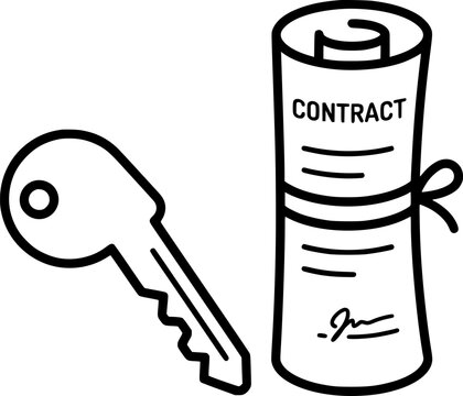 Rolled contract paper tied with ribbon and house key vector icon simple black and white line illustration contract document agreement signature possession