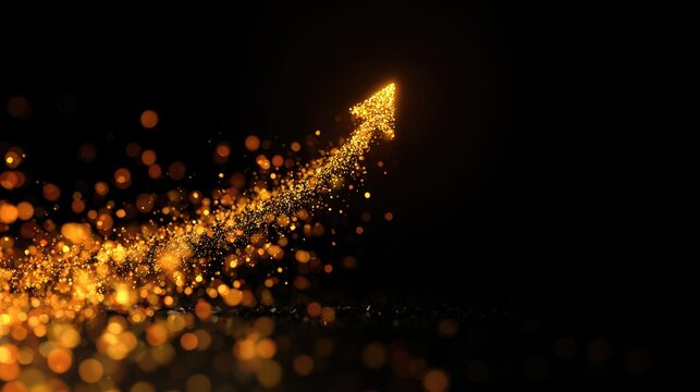 Golden sparkling particles forming an upward arrow on a black background