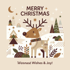 A festive illustration featuring a cute reindeer in winter woods © zidnaa