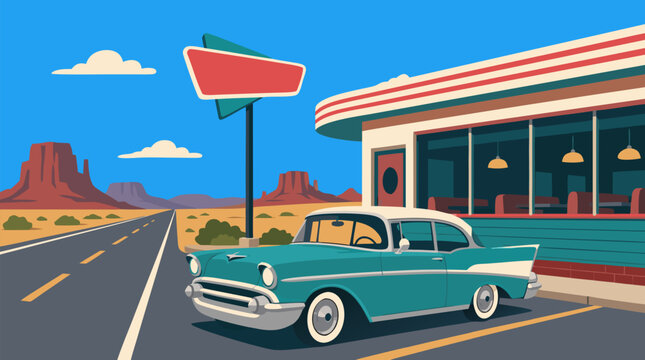 Clean flat vector illustration on a light background of a turquoise vintage car parked beside a roadside diner in the desert, great for road trip and travel promotions.
