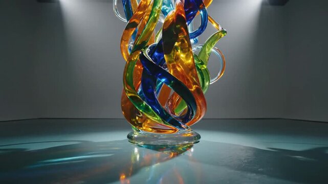 Abstract Colorful Glass Sculpture on Display with Spotlights Reflecting on a Blue Surface