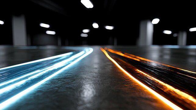 Bright, glowing abstract lines of blue and orange diverge on a dark, reflective surface