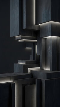 Abstract dark background with geometric blocks and 3d shapes