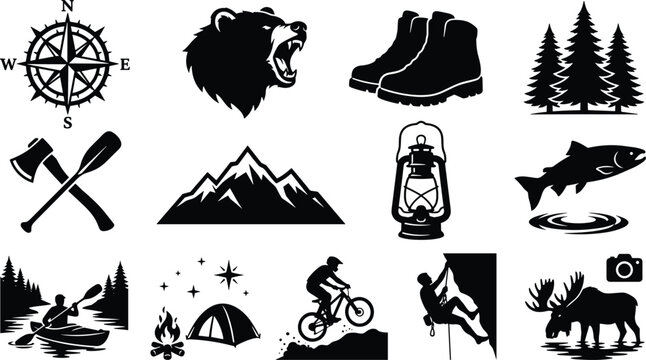 Outdoor camping and wilderness adventure black silhouette icon set for nature exploration designs