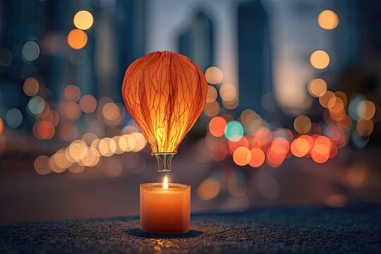 Illuminated paper balloon floats above a lit candle against city lights