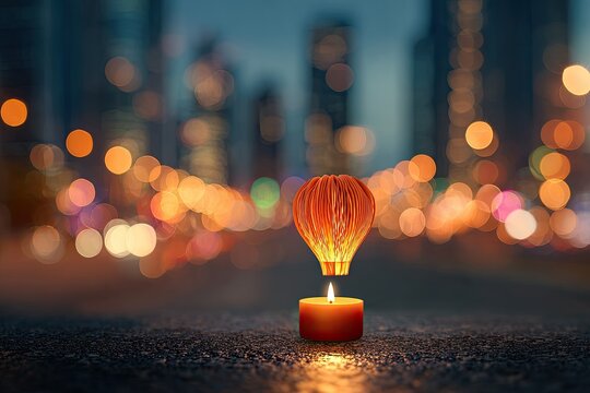 A glowing hot air balloon floats above a lit candle on a dark road