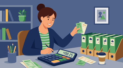 Fototapeta premium Clean flat vector illustration on a light background showing a woman calculating expenses with receipts, calculator, and labeled binders, ideal for budgeting or accounting content.