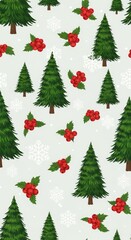 Obraz premium Beautifully detailed festive seamless pattern showcasing green pine trees, red berries, and white snowflakes on a neutral light backdrop, artistic, craft, seamless