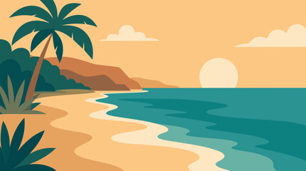 Obraz premium Clean flat vector illustration on a light background of a tropical beach sunset with palms, waves, and cliffs, perfect for travel promotions and resort branding.
