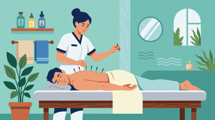 Fototapeta premium Clean flat vector illustration on a light background shows an acupuncturist treating a relaxed patient in a spa clinic, suited for wellness, holistic health or therapy promotions.