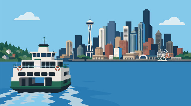 Clean flat vector illustration on a light background showing a passenger ferry approaching the Seattle skyline, ideal for transit campaigns and city travel guides.