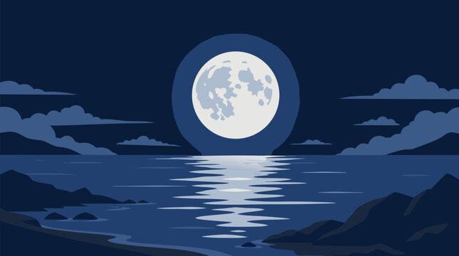 A clean flat vector illustration shows a full moon shining over a calm ocean with stars, clouds, rocky shores, and reflected light for travel posters.