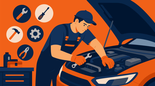 Clean flat vector illustration on a light background showing a mechanic repairing a car engine with tools, useful for auto service, maintenance, and garage advertising.