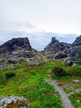 Hiking trail in the mountains. North Urals.