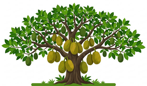 Tropical jackfruit tree vector illustration with hanging fruits in flat style