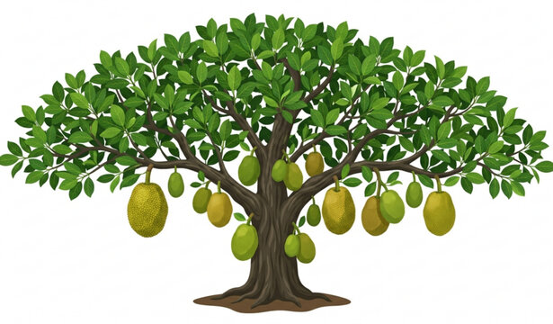 Jackfruit tree bearing ripe fruits flat vector illustration isolated on white background