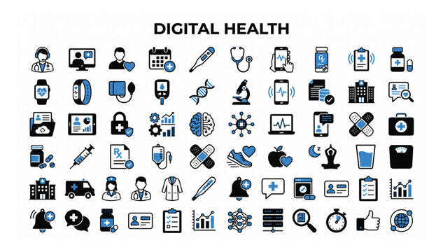 Comprehensive icon set for digital health and medical telemedicine services with telemedicine healthcare medicine technology hospital analysis pharmacy microscope wellness tracking