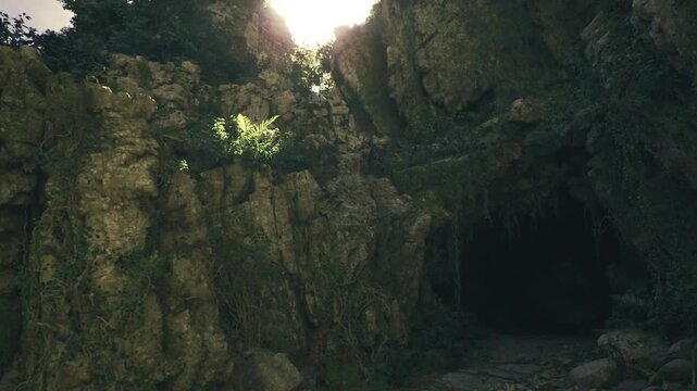 Narrow cliff opening into dark cavern, rocky threshold scattered with pebbles, stark contrast between bright rim and shadowed interior invites cautious approach