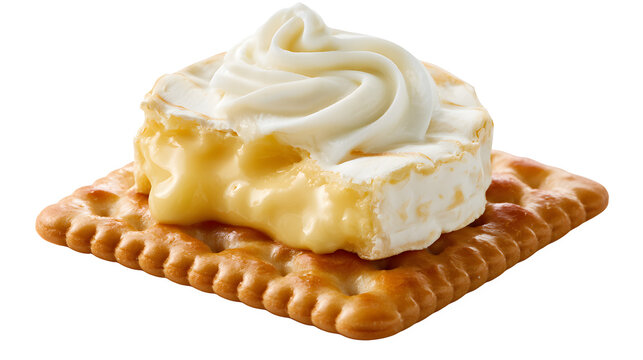 Delicious cracker with brie cheese and cream cheese , gourmet appetizer or snack on white background