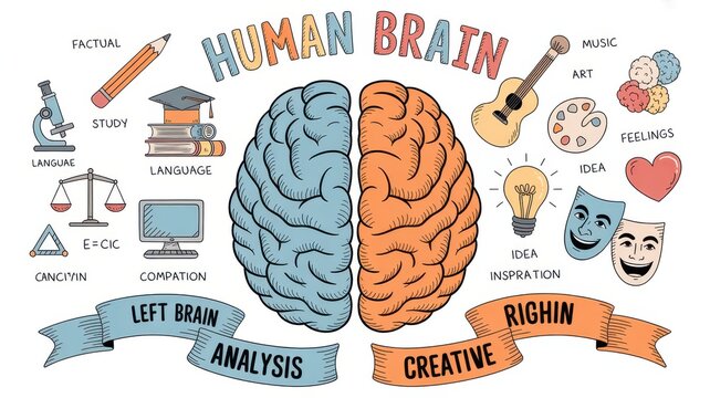 Illustration of human brain hemispheres showing logical and creative functions, isolated on white background
