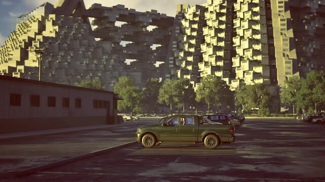 Classic car framed by towering facade, green sedan with passenger holding camera, interior details visible through windows, massive residential blocks