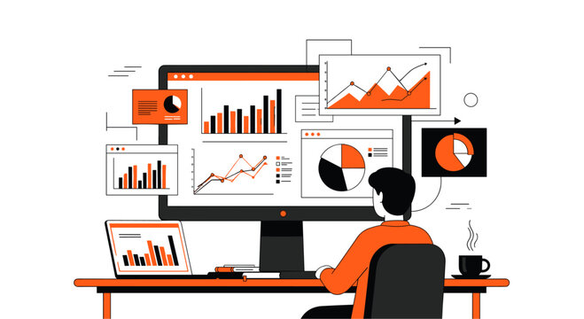 Male employee analyzing big data on multiple screens in clean modern orange and black workspace.