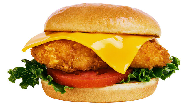 Crispy chicken burger with melted cheese lettuce, and tomato