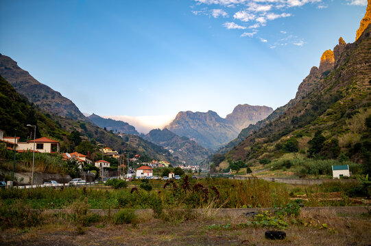 Scenic view of a mountain valley village with red roofs in Madeira island Portugal