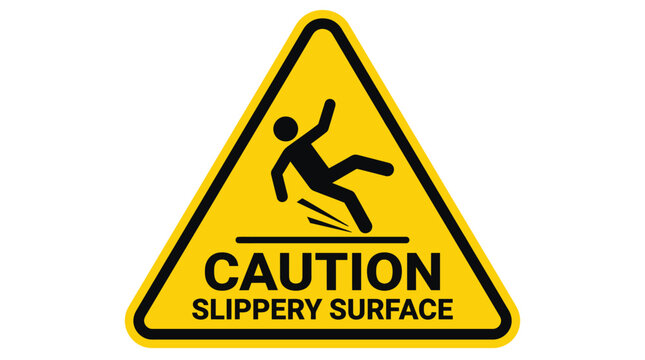 Yellow triangular vector graphic showing a slippery surface warning sign