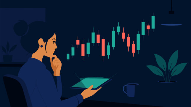A clean flat vector illustration shows a trader studying candlestick charts on a tablet in a dark office, useful for finance apps, investing courses, and market analysis.