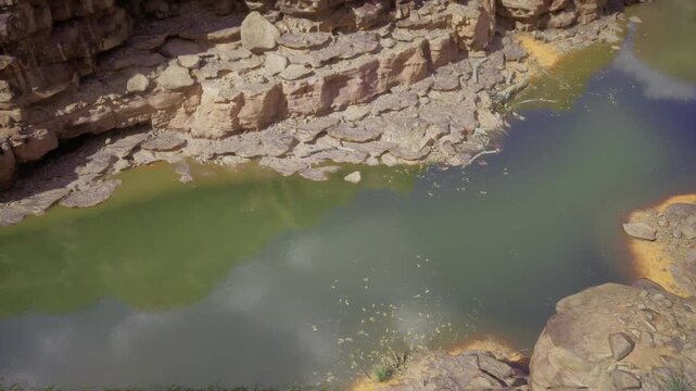 Bird flock over colorado river between rugged cliffs, avian silhouettes tracing reflections on green surface, pebble bars and sheltered shoreline suggesting