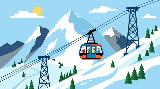 Clean flat vector illustration on a light background showing an aerial cable car carrying skiers over snowy alpine mountains, ideal for ski resort or winter travel promotions.