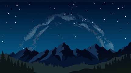 Fototapeta premium A clean flat vector illustration shows a starry night sky and milky way over mountain silhouettes and pine forest, ideal for astronomy posters or outdoor travel campaigns.
