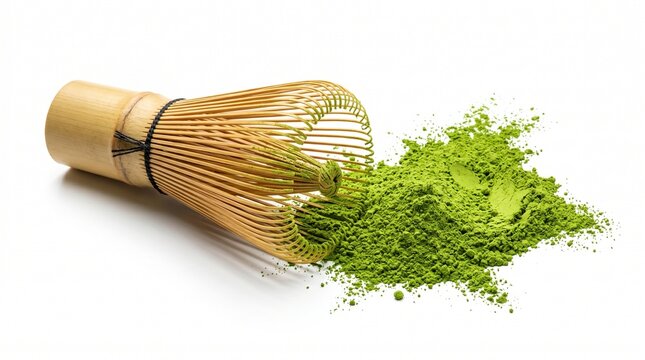 Traditional bamboo matcha whisk with green tea powder, authentic chasen tool for japanese tea ceremony, organic matcha powder on white background