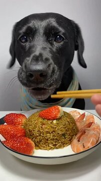 Black dog looking at plate of food with chopsticks