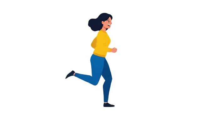 Happy Young Woman Running and Jogging in Flat Vector Style Illustration Isolated on White Background
