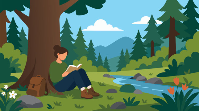 A person resting peacefully against a tree and reading a book in a serene sunlit forest clearing, ideal for book brands, wellness retreats, and outdoor lifestyle campaigns, clean flat vector illustrat