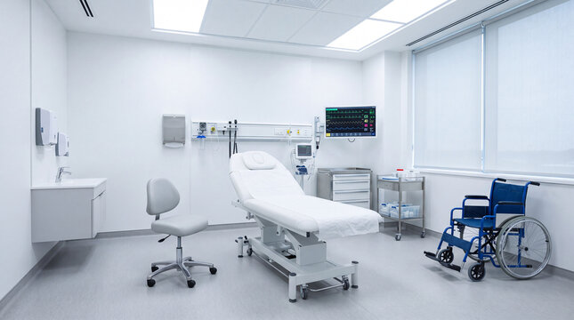 Empty modern medical examination room with patient bed, monitoring screen, wheelchair, medical equipment, and doctor stool in a bright clinic setting