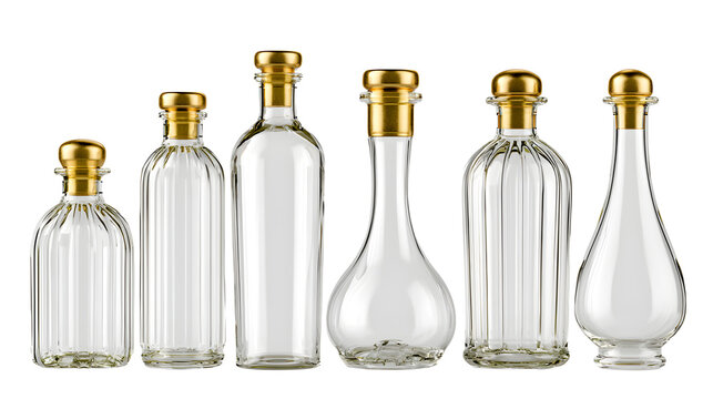 Elegant clear glass bottle with golden cap , empty container for oil or vinegar , kitchenware for food preparation