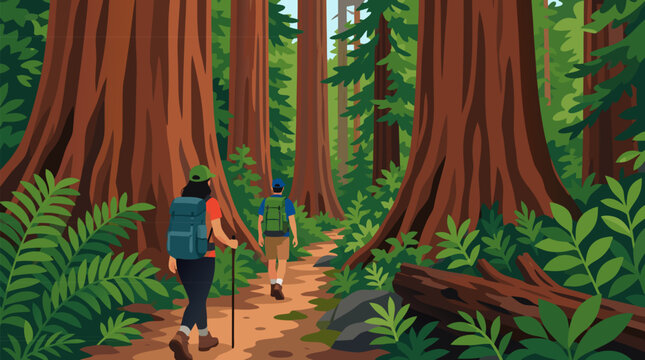Backpackers walking along a winding forest trail beneath towering ancient redwood trees, ideal for outdoor adventure brands, eco-tourism, and hiking gear marketing, clean flat vector illustration on a